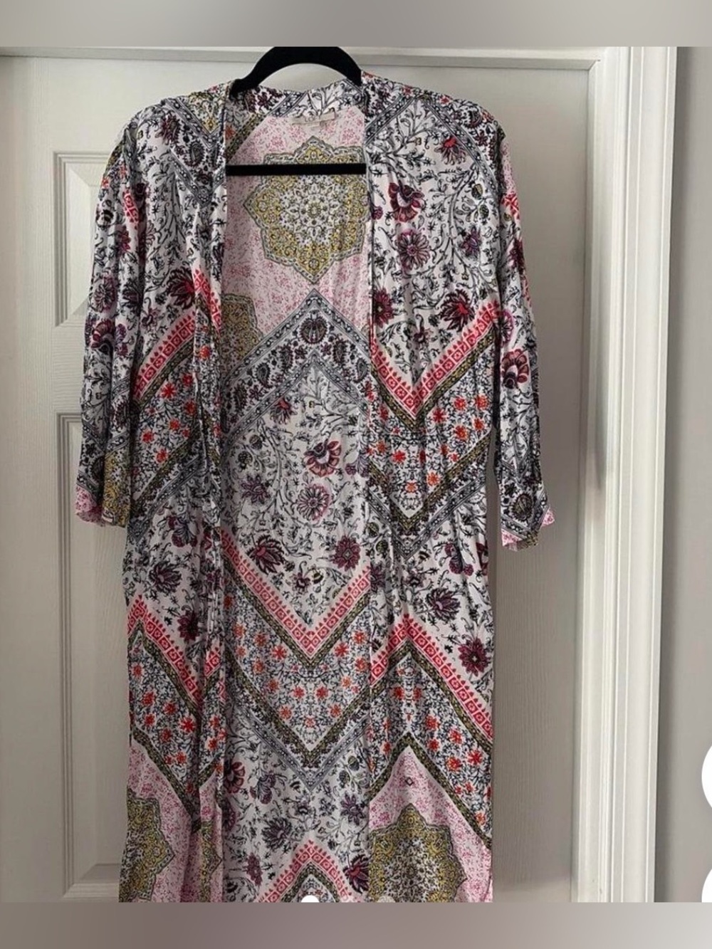 Loft Duster with Floral & Chevron Motif - Pink, Olive & Black M/L